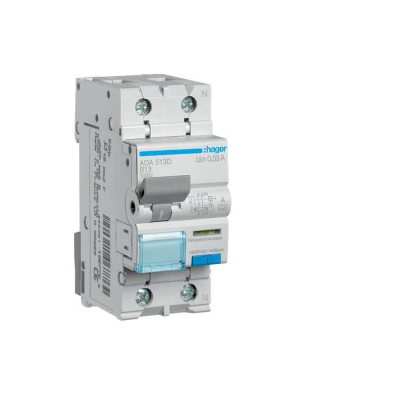 Disjunctor diferential 1P+N 10kA curba B ,13A 30mA Typ A , Hager ADA513D