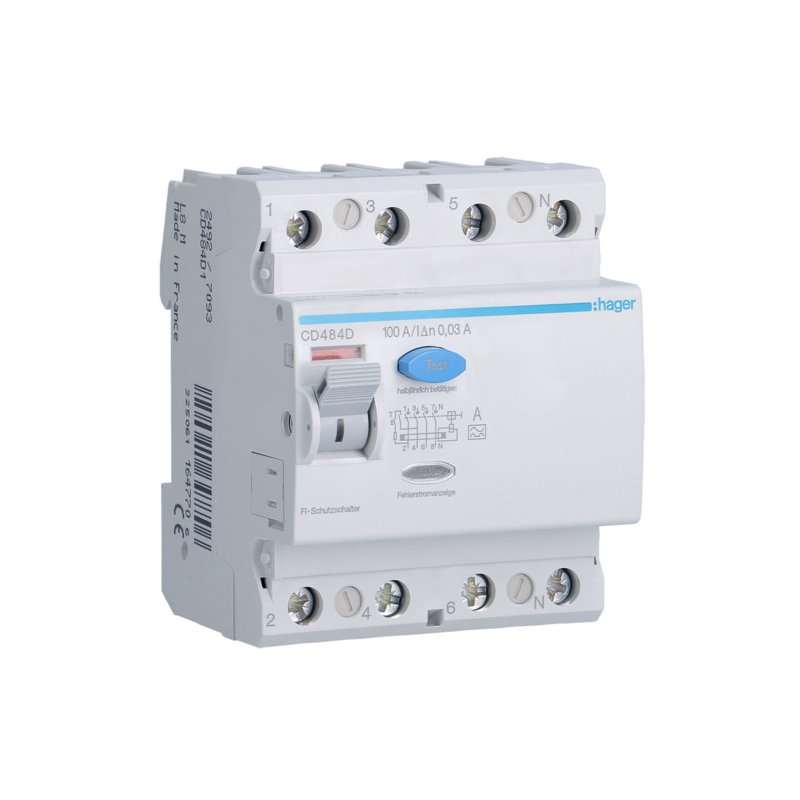Intreruptor diferential RCCB , 4 poli , 6kA 100A 30mA Typ A , Hager CD484D