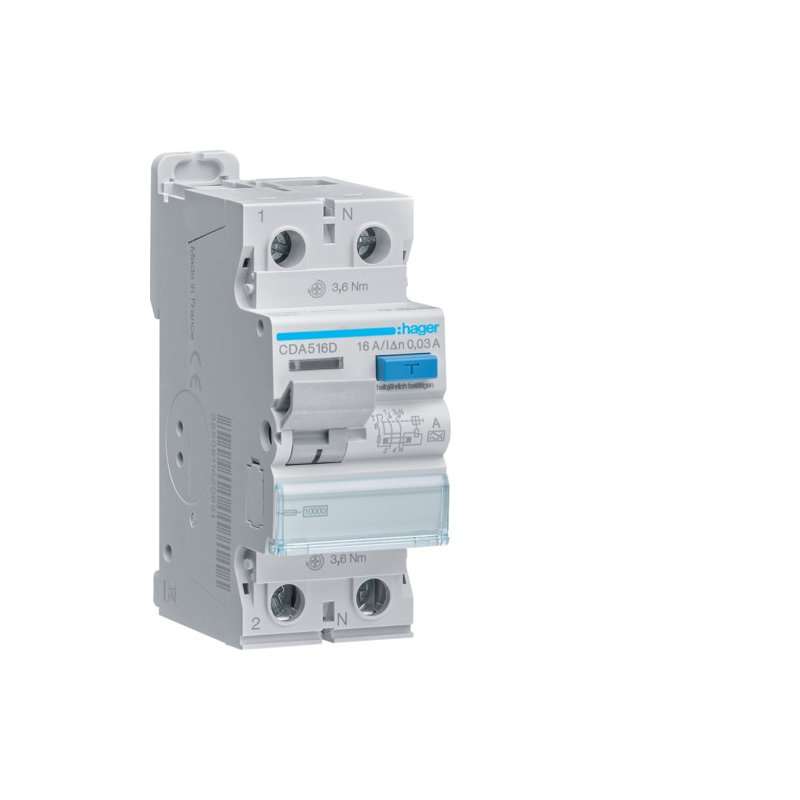 Intreruptor diferential RCCB , 2 poli 10kA 16A 30mA Typ A , Hager CDA516D