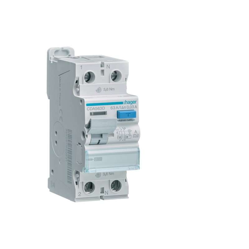 Intreruptor diferential RCCB , 2 poli 10kA 63A 30mA Typ A , Hager CDA563D