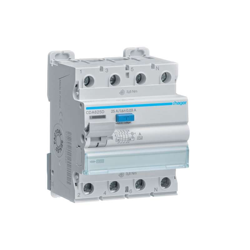 Intreruptor diferential RCCB , 4 poli , 10kA 25A 30mA Typ A , Hager CDA625D