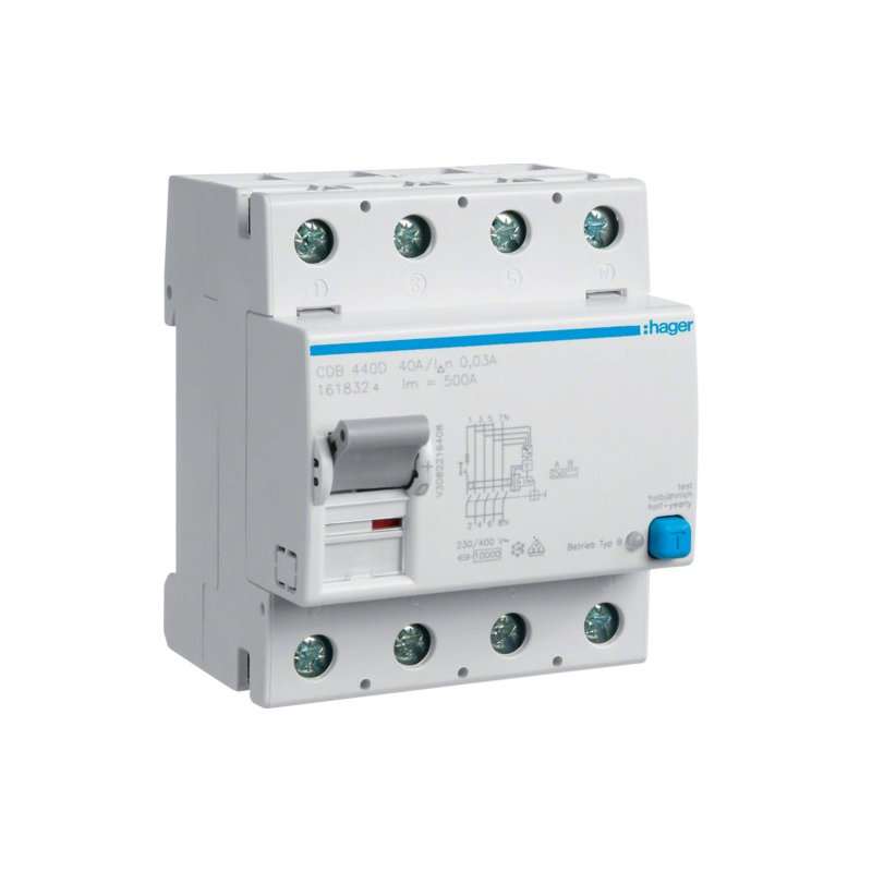Intreruptor diferential RCCB , 4 poli , 10kA 40A 30mA Typ B NK N in partea dreapta , Hager CDB440D