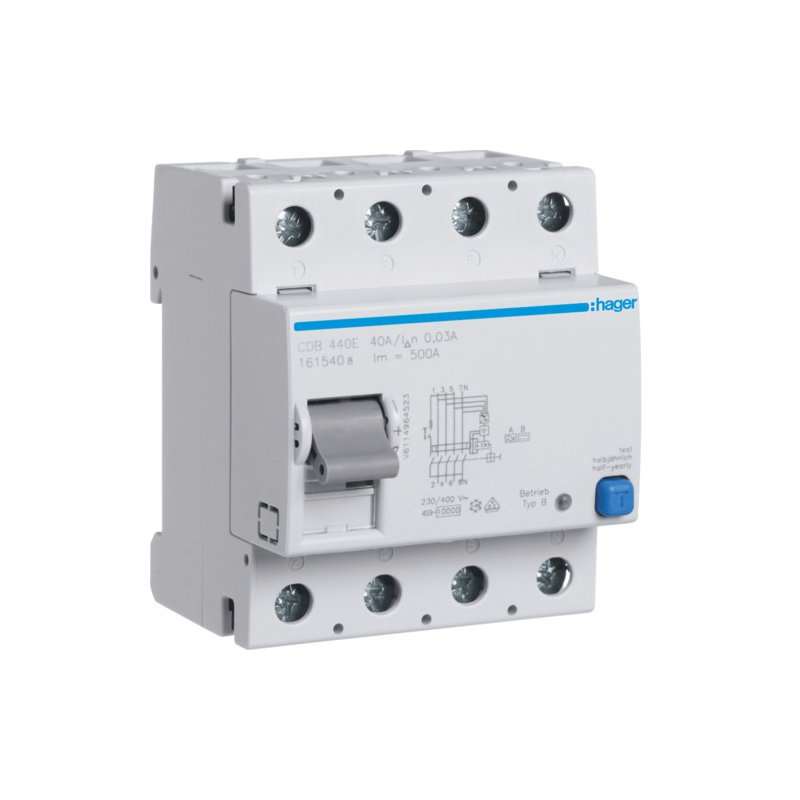 Intreruptor diferential RCCB , 4 poli , 10kA 40A 30mA Typ B SK N in partea dreapta , Hager CDB440E