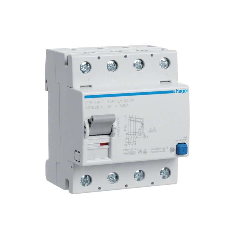 Intreruptor diferential RCCB , 4 poli , 10kA 40A 30mA Typ B NK N in partea stanga , Hager CDB440F
