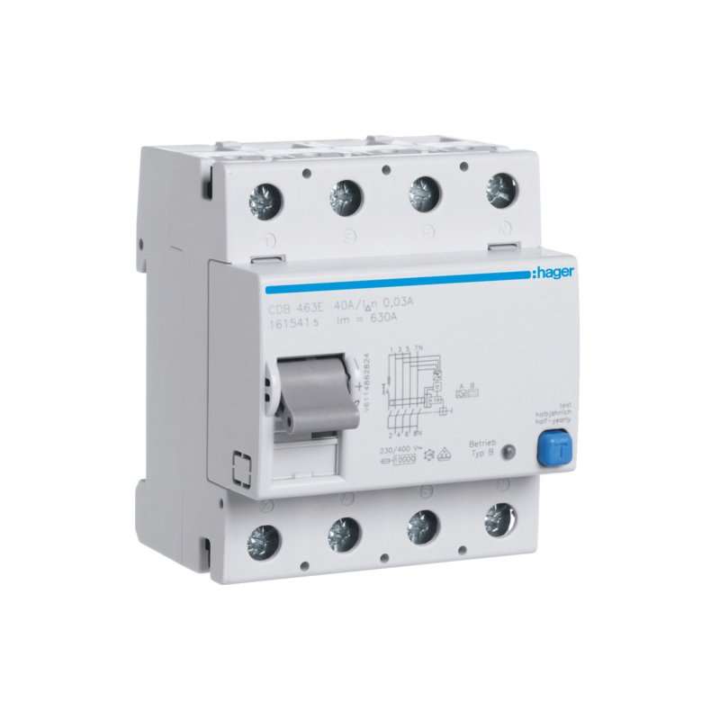 Intreruptor diferential RCCB , 4 poli , 10kA 63A 30mA Typ B SK N in partea dreapta , Hager CDB463E