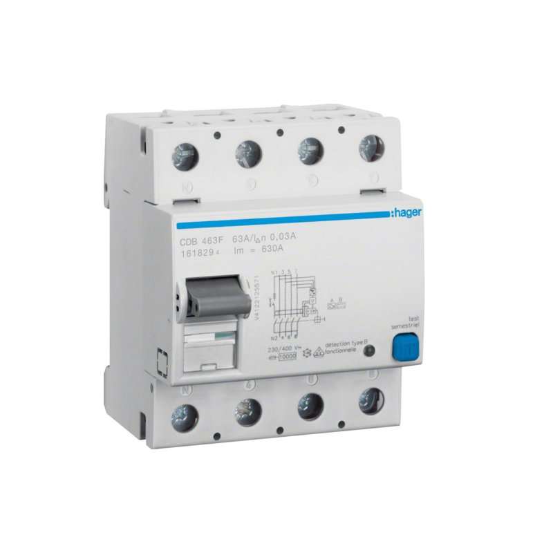 Intreruptor diferential RCCB , 4 poli , 10kA 63A 30mA Typ B NK N in partea stanga , Hager CDB463F