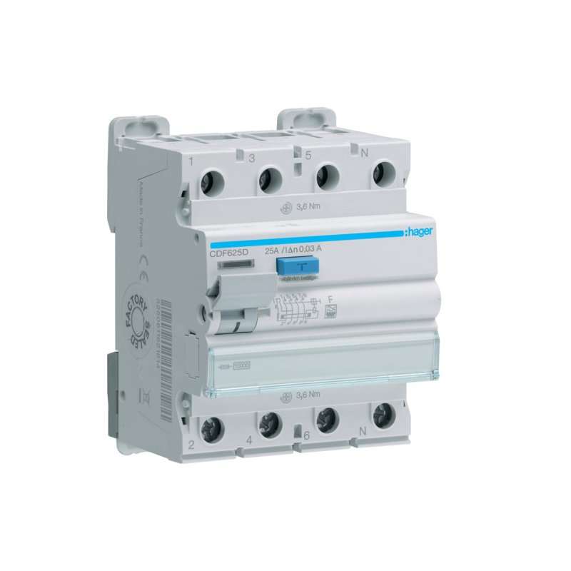Intreruptor diferential RCCB , 4 poli , 10kA 25A 30mA Typ F , Hager CDF625D