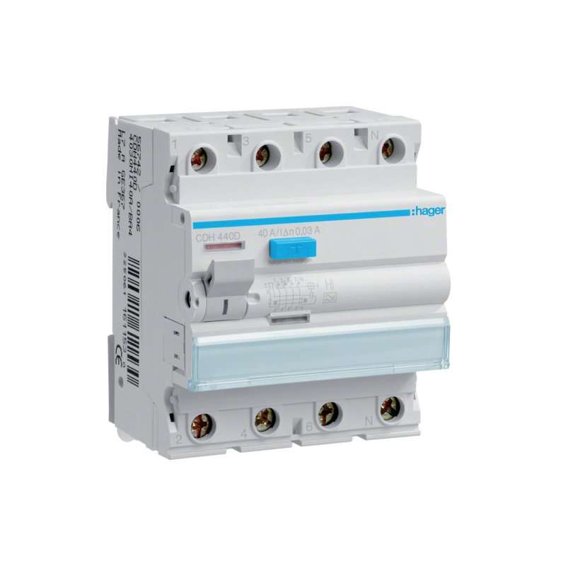 Intreruptor diferential RCCB , 4 poli , 6kA 40A 30mA Typ HI rezistent la imp., Hager CDH440D