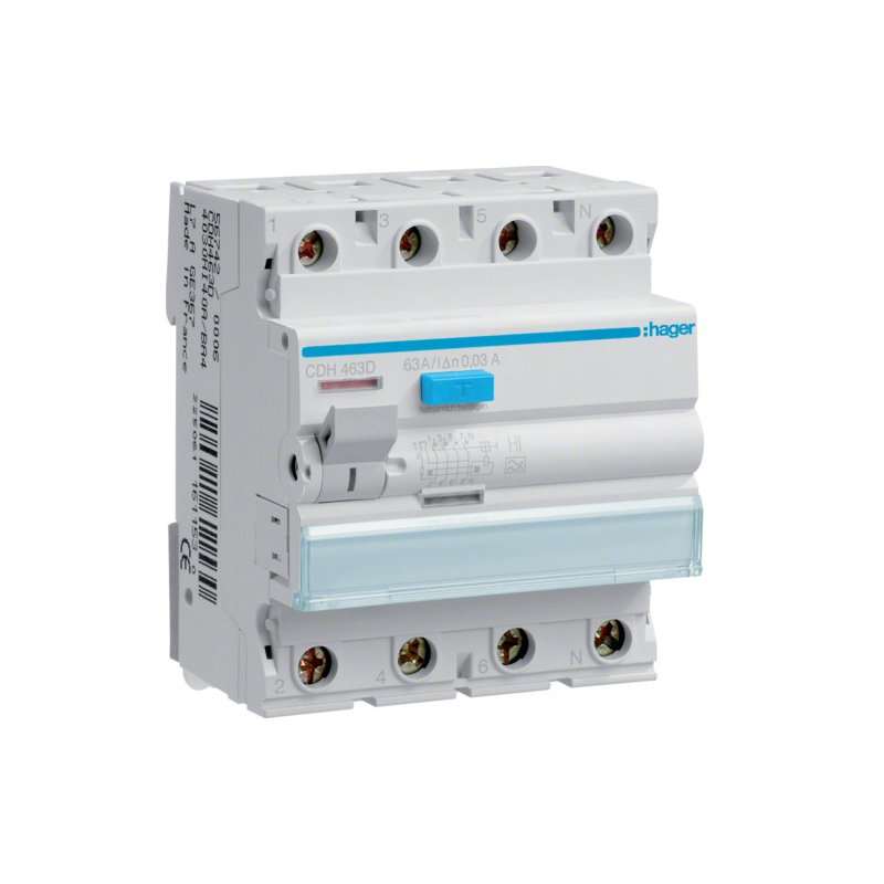 Intreruptor diferential RCCB , 4 poli , 6kA 63A 30mA Typ HI rezistent la imp., Hager CDH463D
