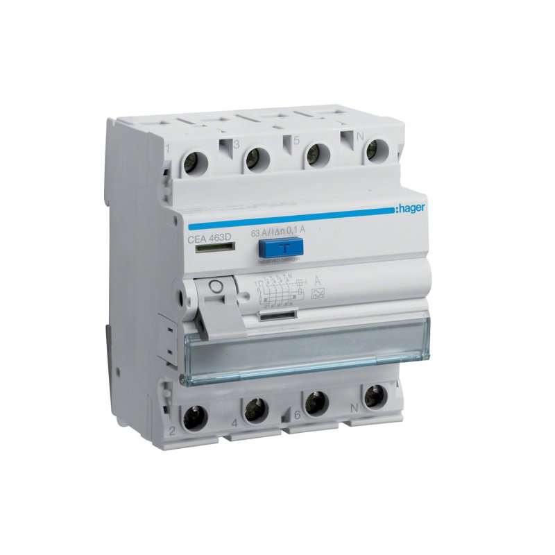 Intreruptor diferential RCCB , 4 poli , 6kA 63A 100mA Typ A , Hager CEA463D