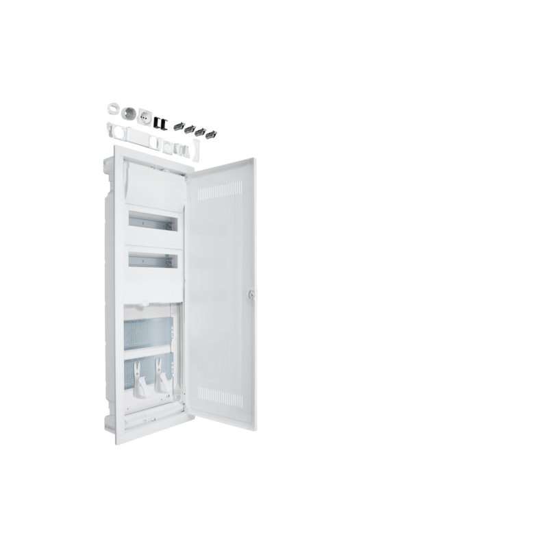 Tablou electric Hager Volta Hybrid pereti falsi (rigips), 24PLE, 2 contra placa, cu priza si usa din plastic  , Hager VH602WWH