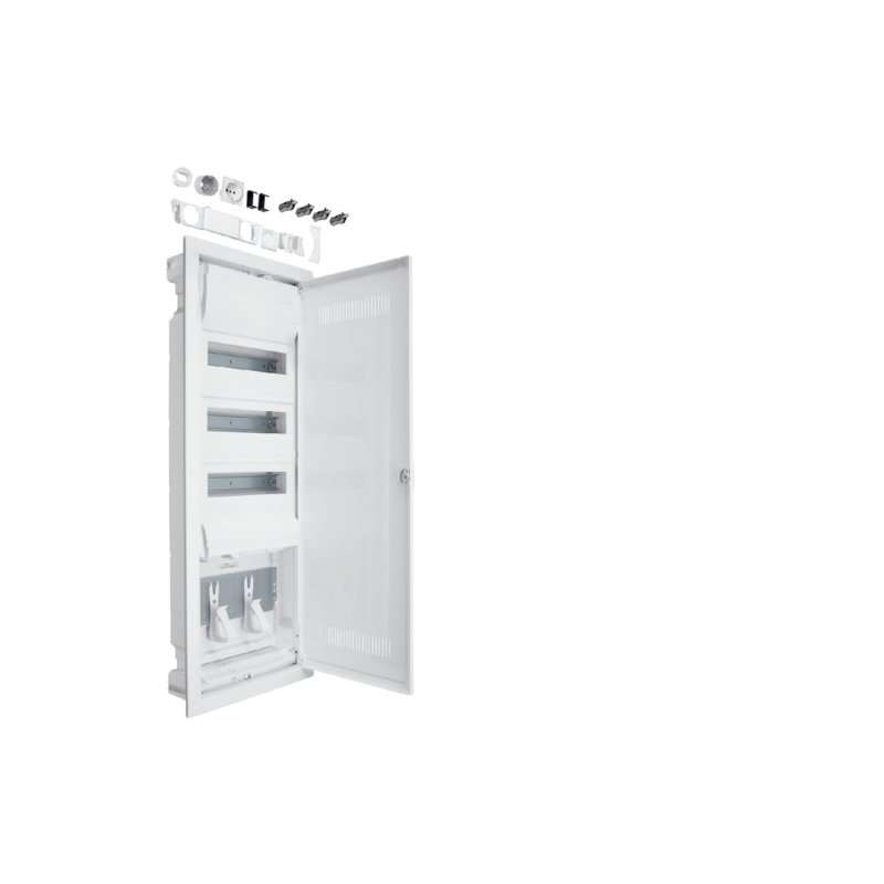 Tablou electric Hager Volta Hybrid pereti falsi (rigips), 36PLE, 1 contra placa, cu priza si usa din plastic  , Hager VH603WWH