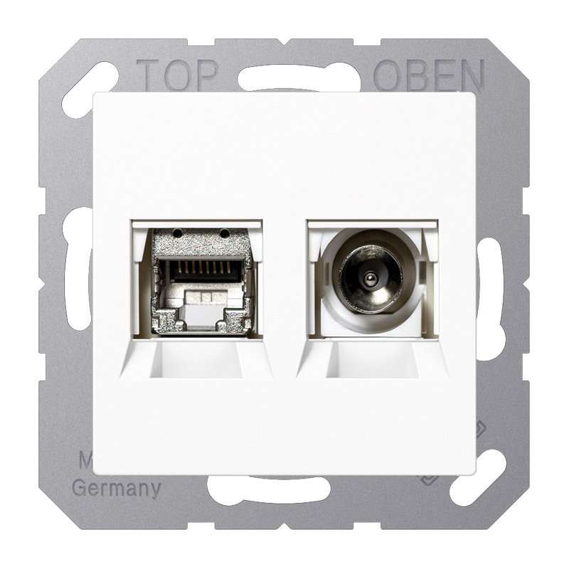 Priza SmartTV sat+internet Jung MMDA4521WW RJ45 Cat.6a 10 Gbit SAT alb pur