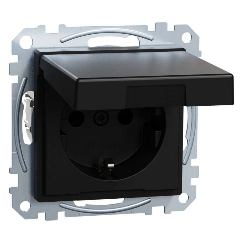 Priză SCHUKO cu capac rabatabil, protecție la atingere, terminale de conectare, negru mat, Sistem M