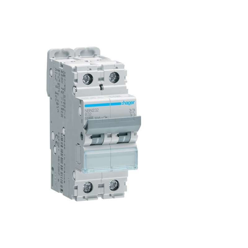 Siguranță automată magneto-termică 2 poli 10kA/15kA curba B ,32A 2M , Hager NBN232