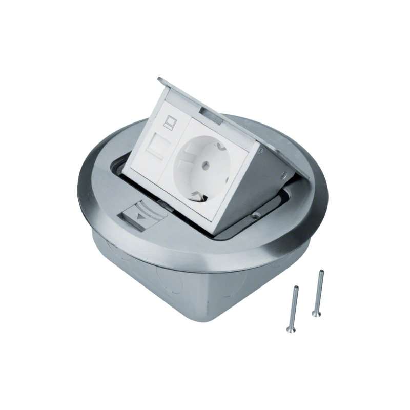 Priză de podea rund din placă slefuită din inox Priză Rastec 45 u. RJ45 , Hager BSRRJ45R45E
