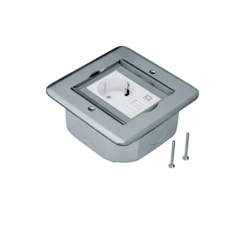 Priză de podea deschidere tip aripă din inox șlefuit Priză Rastec 45 u. RJ45 , Hager BSFRJ45R45E