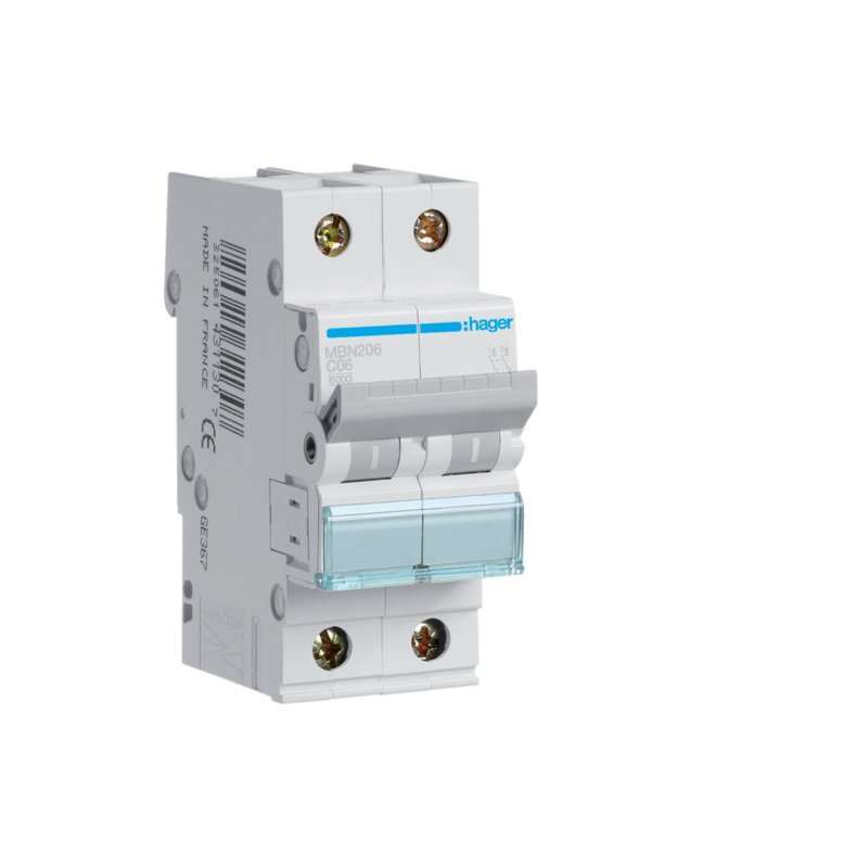 Siguranță automată magneto-termică 2 poli 6kA curba B caracteristică , In 6A 2 Module , Hager MBN206