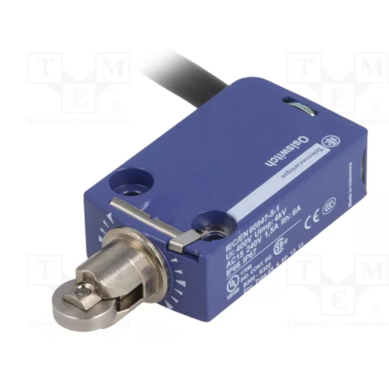 TELEMECANIQUE SENSORS XCMD2102L3 – Întrerupător de poziție miniatural cu piston și rolă metalică, 1NC+1NO, cablu 3 m