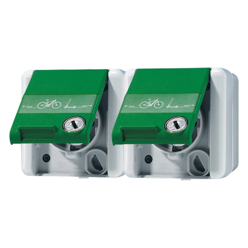 Priză dubla cu cheie pentru biciclete si trotinete electrice e-bicicletă  JUNG 8220GNNAWSLEB