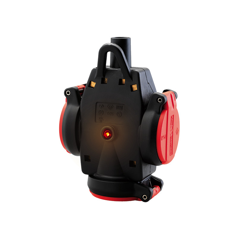 Cupla tripla  SCHUKO din cauciuc solid, roșu, IP54, cu afișaj de tensiune