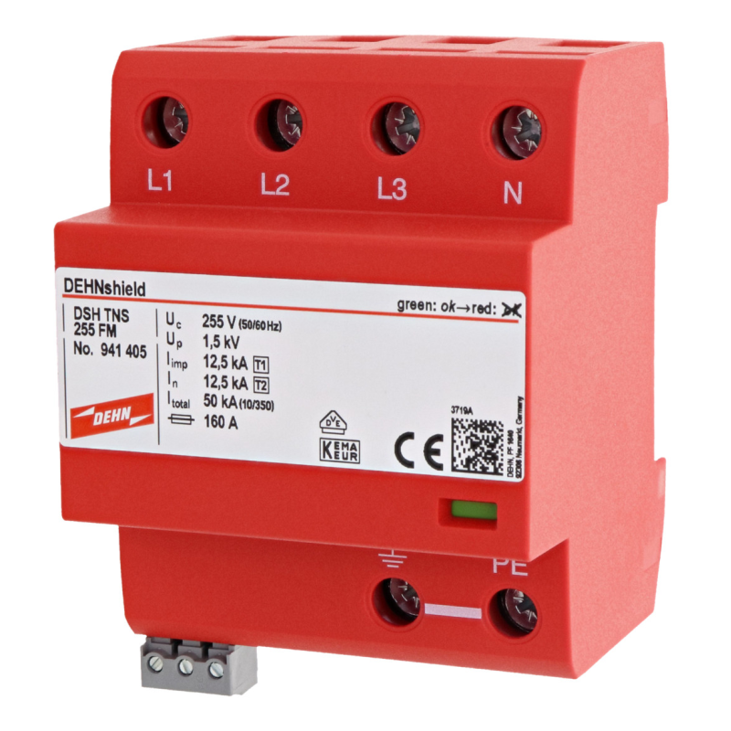 Descărcător supratensiune tip 1+2 combinat DEHNshield  Sistem trifazat TN-S, FM