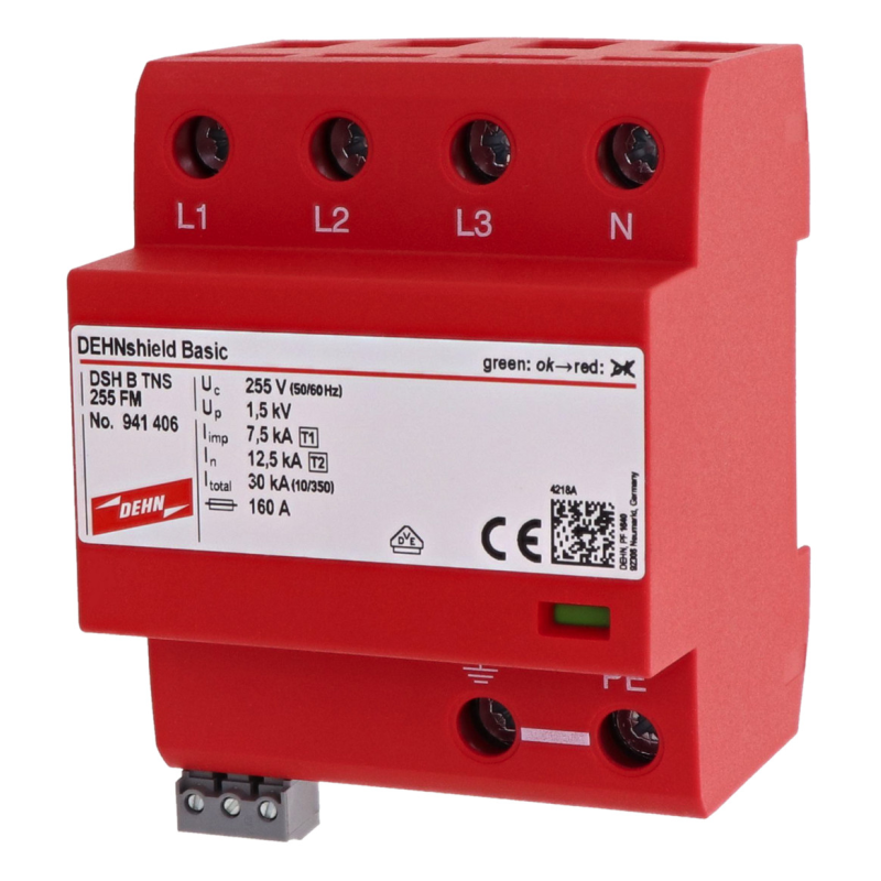 Descărcător supratensiune tip 1+2 combinat DEHNshield  Sistem trifazat TN-S, cu contact extern