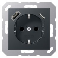 Priză SCHUKO Jung cu USB tip A si tip C , 16A 250V, A1520-15CAANM, SAFETY+, seria AS/A