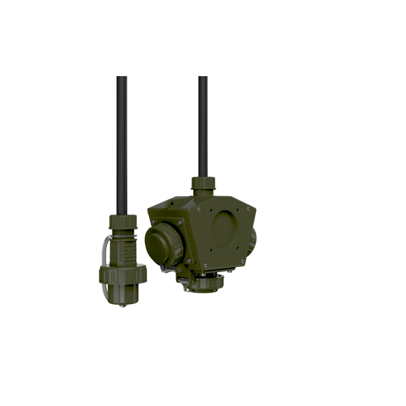 Triplă  prize schuko exterior cu stecher, DELTA-BOX TM, 16A 2p+PE, 230V, IP68 (sub apă 1,5m 30min.) , versiunea militară NATO