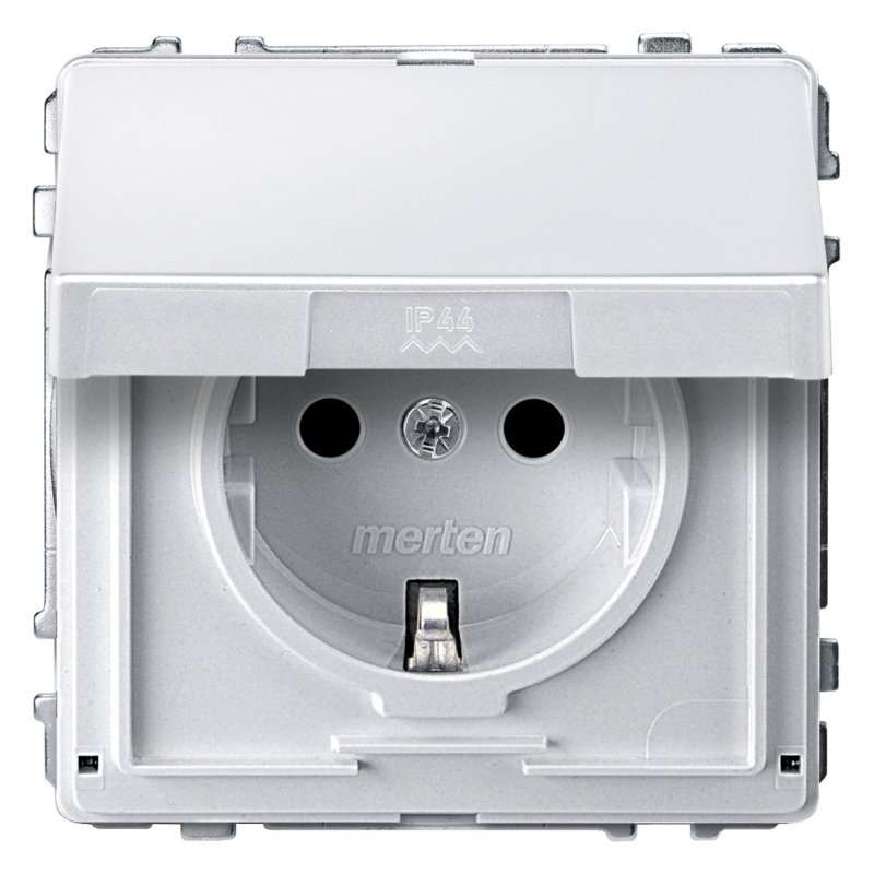 Priza schuko pentru exterior sau zone umede 16A 250V din termoplastic cu capac IP44 , Merten MEG2310-7219