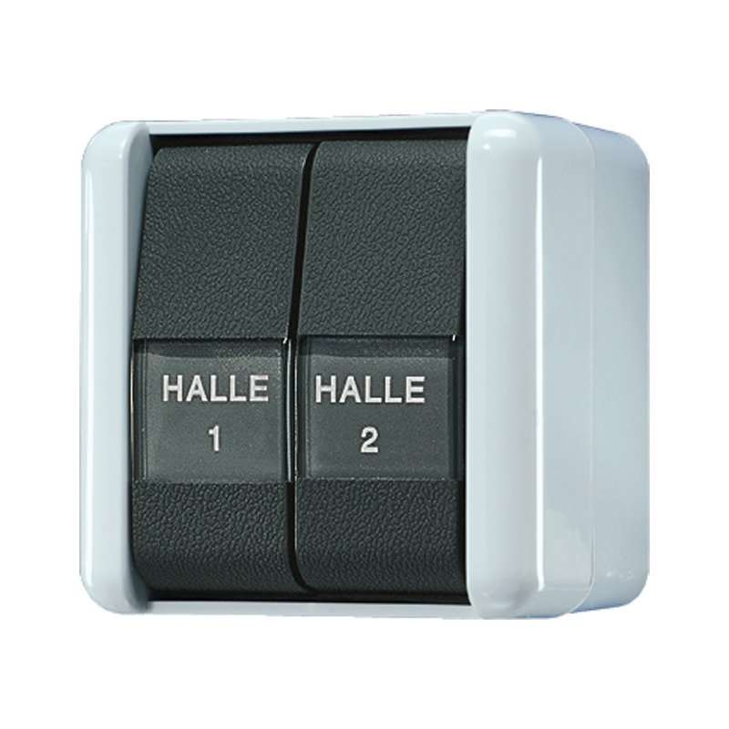 Intrerupator dublu cap scara in carcasa aparenta cu camp de scriere IP44  WG800 , Jung 809NAW