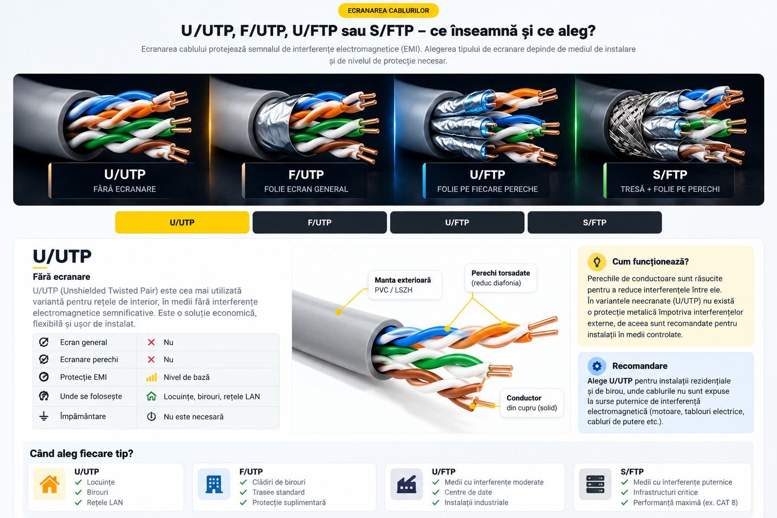 Tipuri de ecranare cabluri de date U UTP F UTP U FTP S FTP Ethernet